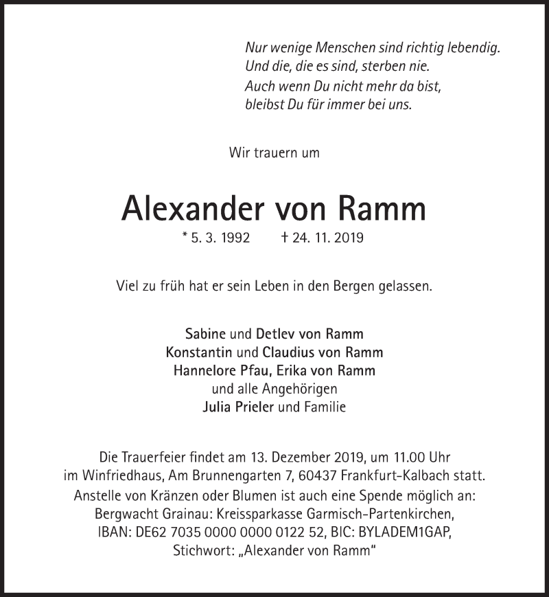  Traueranzeige für Alexander von Ramm vom 30.11.2019 aus Süddeutsche Zeitung