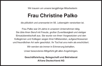 Traueranzeige von Christine Palko von Süddeutsche Zeitung
