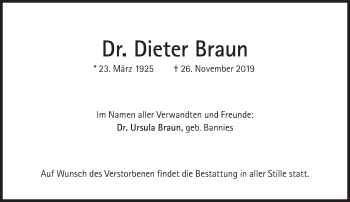 Traueranzeige von Dieter Braun von Süddeutsche Zeitung