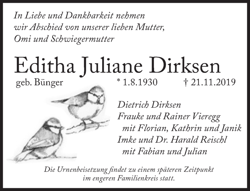  Traueranzeige für Editha Juliane Dirksen vom 30.11.2019 aus Süddeutsche Zeitung