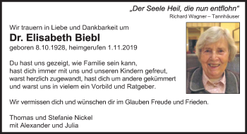 Traueranzeige von Elisabeth Biebl von Süddeutsche Zeitung