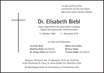 Traueranzeige von Elisabeth Biebl von Süddeutsche Zeitung