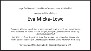 Traueranzeige von Eva Micka-Lewe von Süddeutsche Zeitung