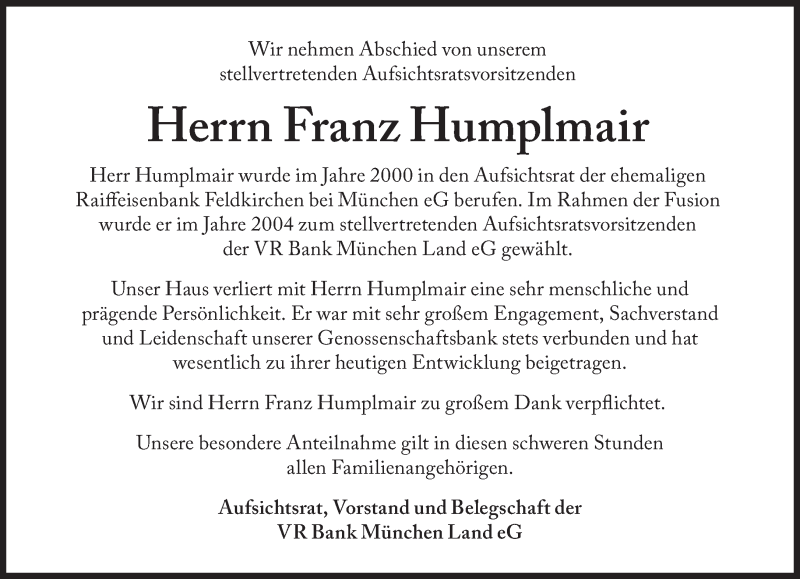  Traueranzeige für Franz Humplmair vom 28.11.2019 aus Süddeutsche Zeitung