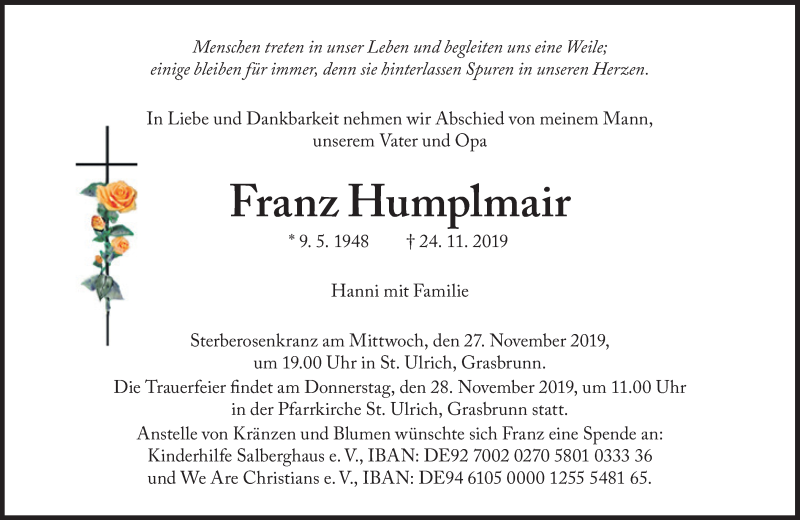  Traueranzeige für Franz Humplmair vom 27.11.2019 aus Süddeutsche Zeitung