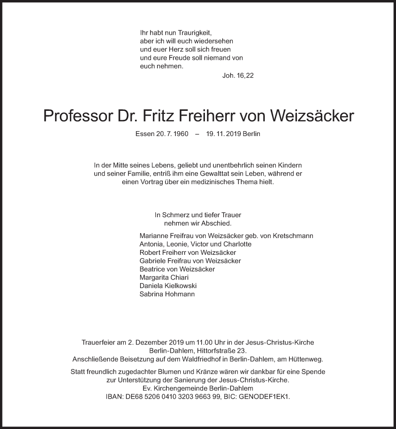  Traueranzeige für Fritz  von Weizsäcker  vom 27.11.2019 aus Süddeutsche Zeitung