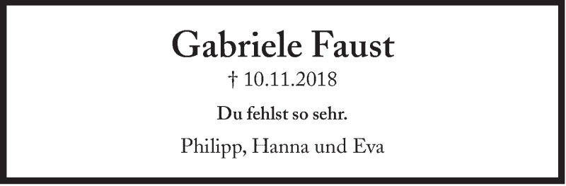  Traueranzeige für Gabriele Faust vom 09.11.2019 aus Süddeutsche Zeitung