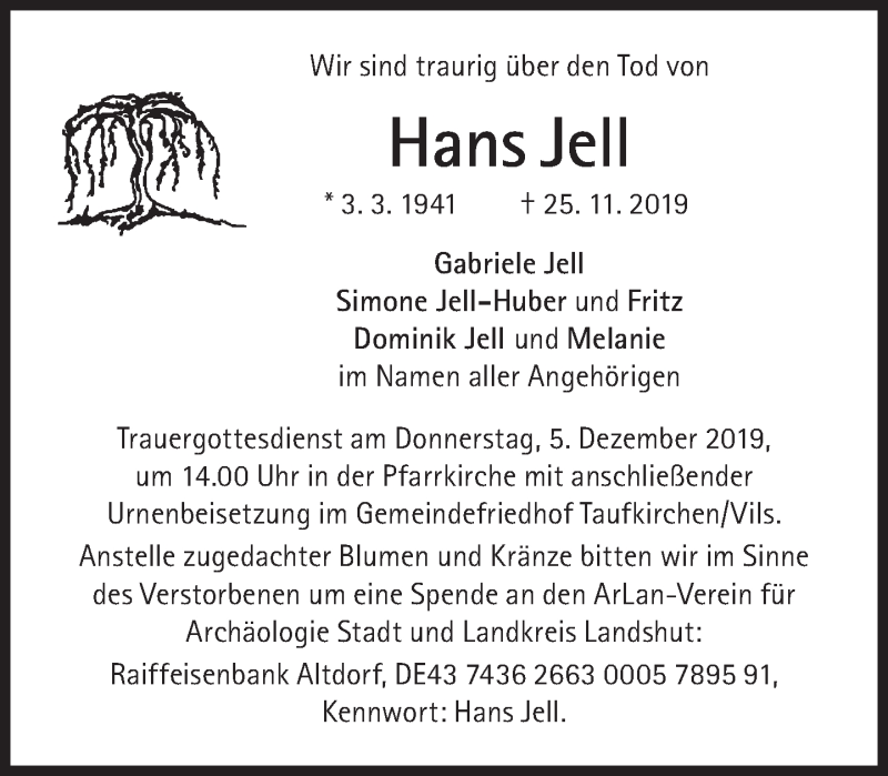  Traueranzeige für Hans Jell vom 30.11.2019 aus Süddeutsche Zeitung
