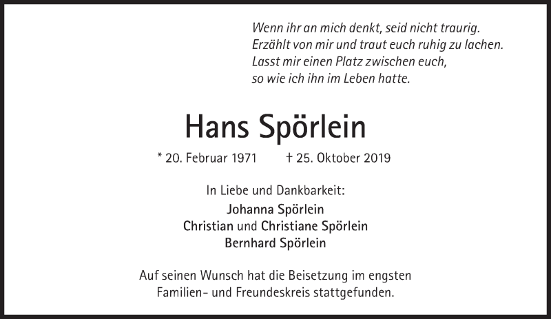  Traueranzeige für Hans Spörlein vom 09.11.2019 aus Süddeutsche Zeitung