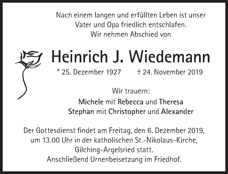  Traueranzeige für Heinrich J. Wiedemann vom 30.11.2019 aus Süddeutsche Zeitung