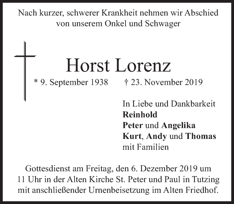  Traueranzeige für Horst Lorenz vom 30.11.2019 aus Süddeutsche Zeitung