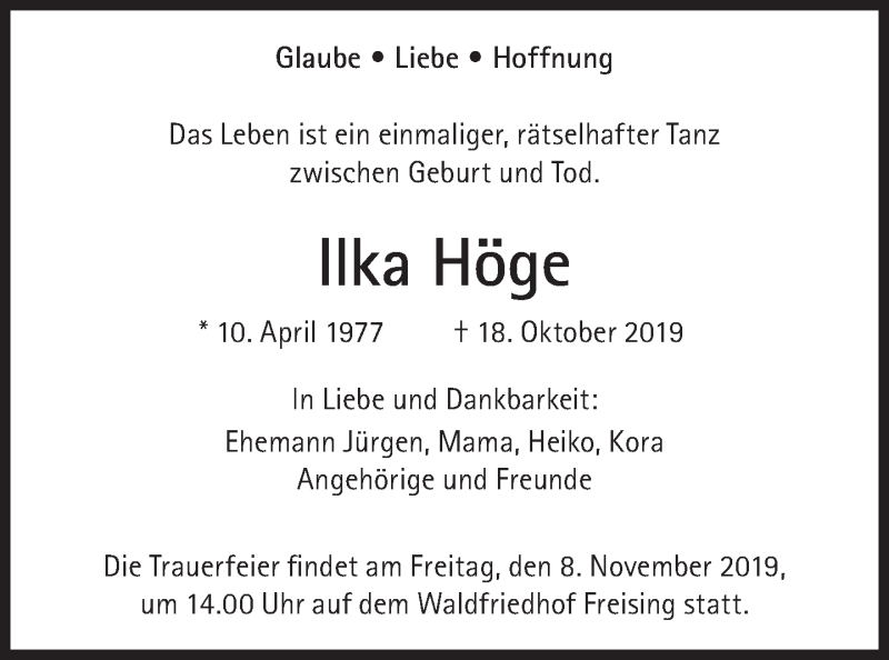  Traueranzeige für Ilka Höge vom 02.11.2019 aus Süddeutsche Zeitung