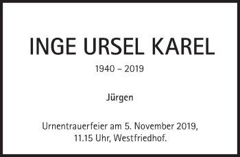 Traueranzeige von Inge Ursel Karel von Süddeutsche Zeitung