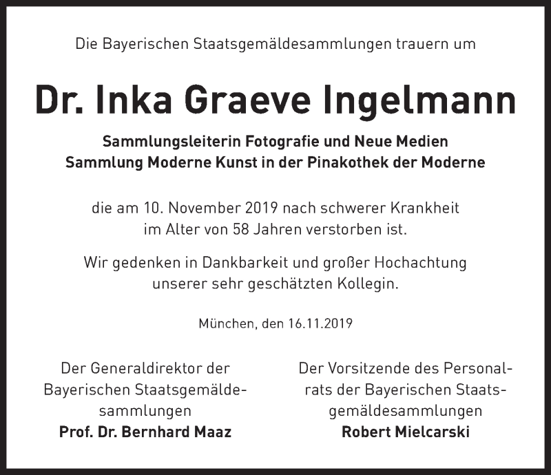  Traueranzeige für Inka Graeve Ingelmann vom 16.11.2019 aus Süddeutsche Zeitung