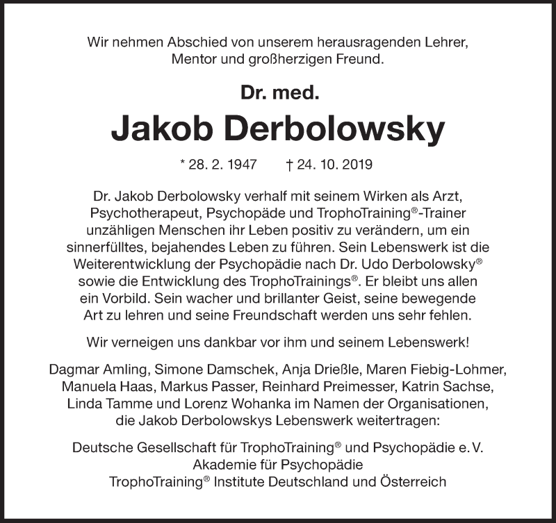  Traueranzeige für Jakob Derbolowsky vom 02.11.2019 aus Süddeutsche Zeitung