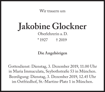 Traueranzeige von Jakobine Glockner von Süddeutsche Zeitung