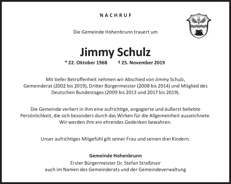  Traueranzeige für Jimmy Schulz vom 28.11.2019 aus Süddeutsche Zeitung