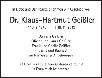 Traueranzeige von Klaus-Hartmut Geißler von Süddeutsche Zeitung