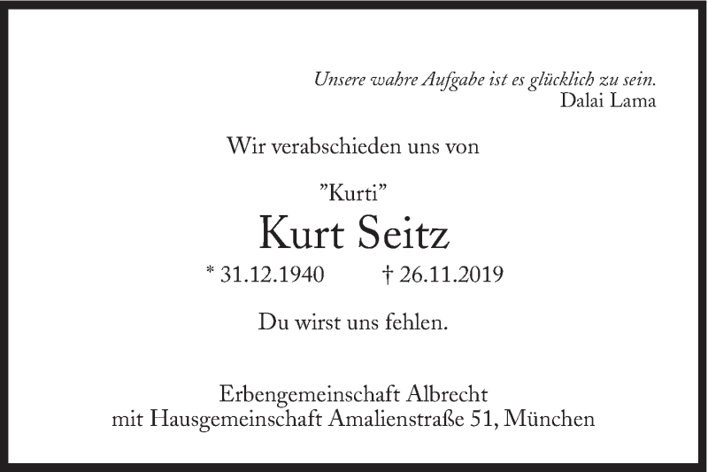  Traueranzeige für Kurt Seitz vom 30.11.2019 aus Süddeutsche Zeitung