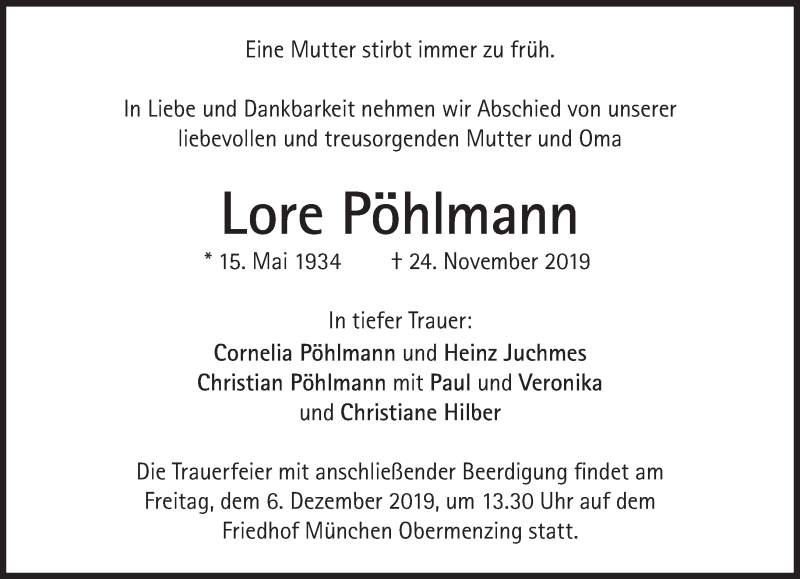  Traueranzeige für Lore Pöhlmann vom 30.11.2019 aus Süddeutsche Zeitung