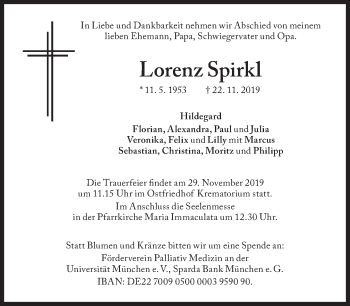 Traueranzeige von Lorenz Spirkl von Süddeutsche Zeitung