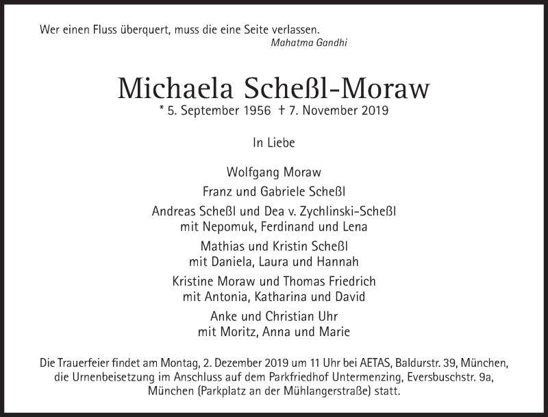  Traueranzeige für Michaela Scheßl-Moraw vom 23.11.2019 aus Süddeutsche Zeitung