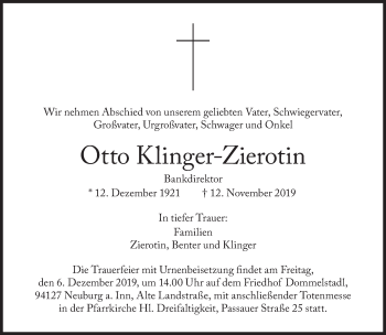 Traueranzeige von Otto Klinger-Zierotin von Süddeutsche Zeitung