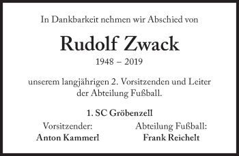 Traueranzeige von Rudolf Zwack von Süddeutsche Zeitung