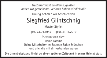 Traueranzeige von Siegfried Glintschnig von Süddeutsche Zeitung