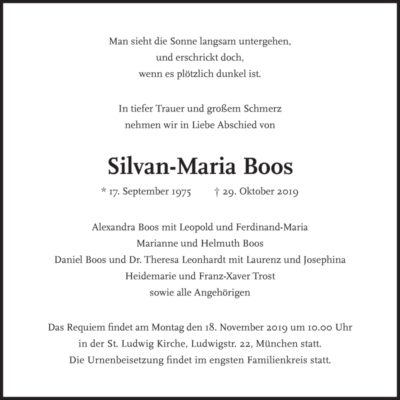 Traueranzeige für Silvan-Maria Boos vom 06.11.2019 aus Süddeutsche Zeitung