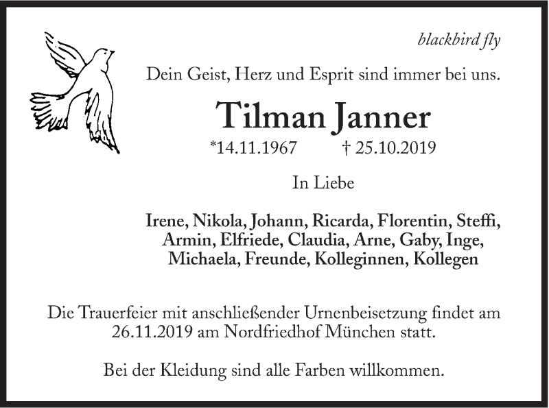  Traueranzeige für Tilman Janner vom 13.11.2019 aus Süddeutsche Zeitung
