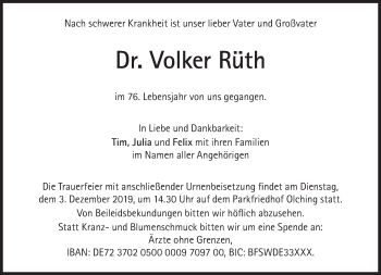 Traueranzeige von Volker Rüth von Süddeutsche Zeitung