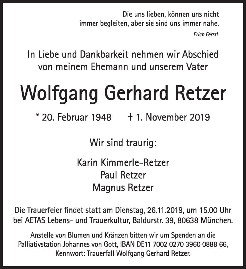  Traueranzeige für Wolfgang Gerhard Retzer vom 09.11.2019 aus Süddeutsche Zeitung