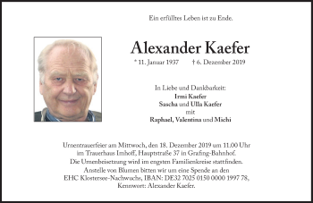 Traueranzeige von Alexander Kaefer von Süddeutsche Zeitung