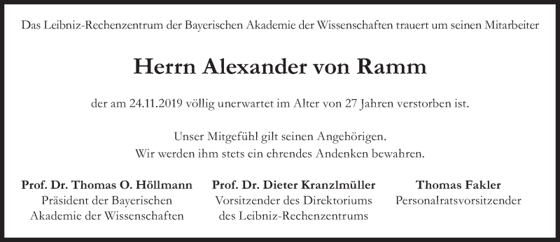  Traueranzeige für Alexander von Ramm vom 07.12.2019 aus Süddeutsche Zeitung