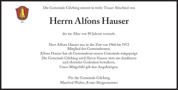 Traueranzeige von Alfons Hauser von Süddeutsche Zeitung