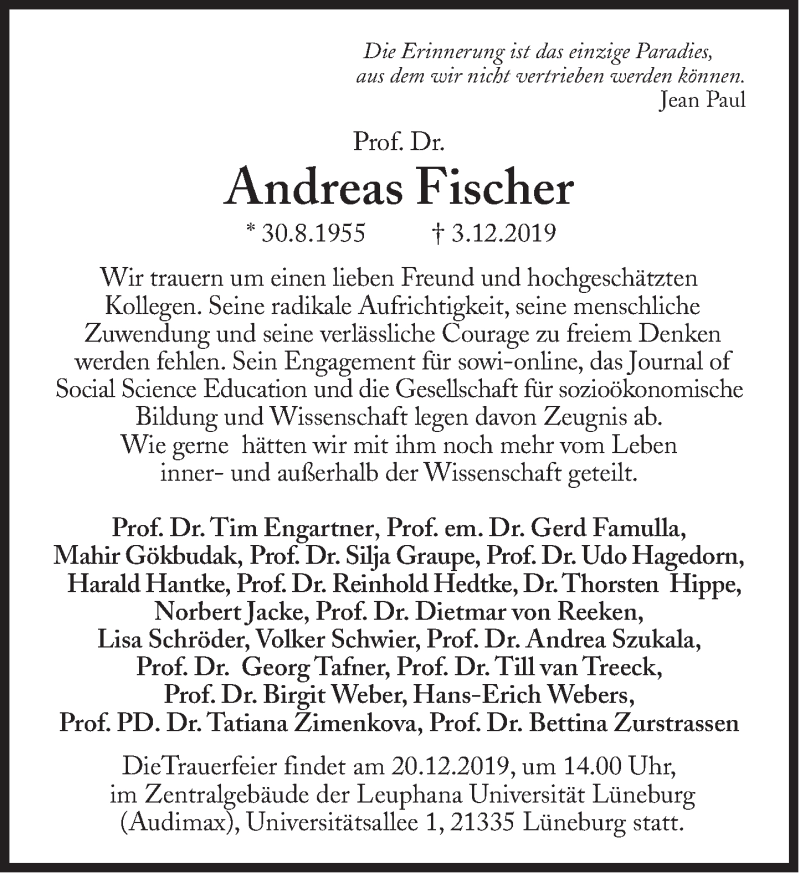  Traueranzeige für Andreas Fischer vom 11.12.2019 aus Süddeutsche Zeitung