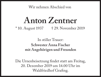 Traueranzeige von Anton Zentner von Süddeutsche Zeitung