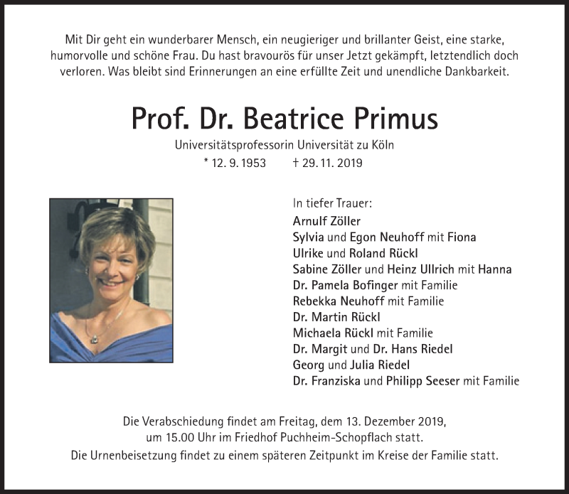 Traueranzeigen von Beatrice Primus SZ Gedenken.de