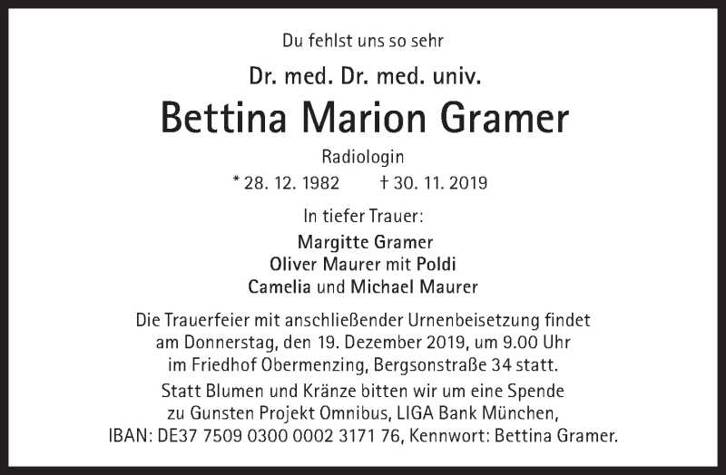  Traueranzeige für Bettina Marion Gramer vom 07.12.2019 aus Süddeutsche Zeitung