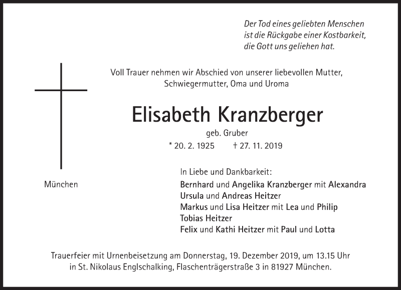  Traueranzeige für Elisabeth Kranzberger vom 14.12.2019 aus Süddeutsche Zeitung