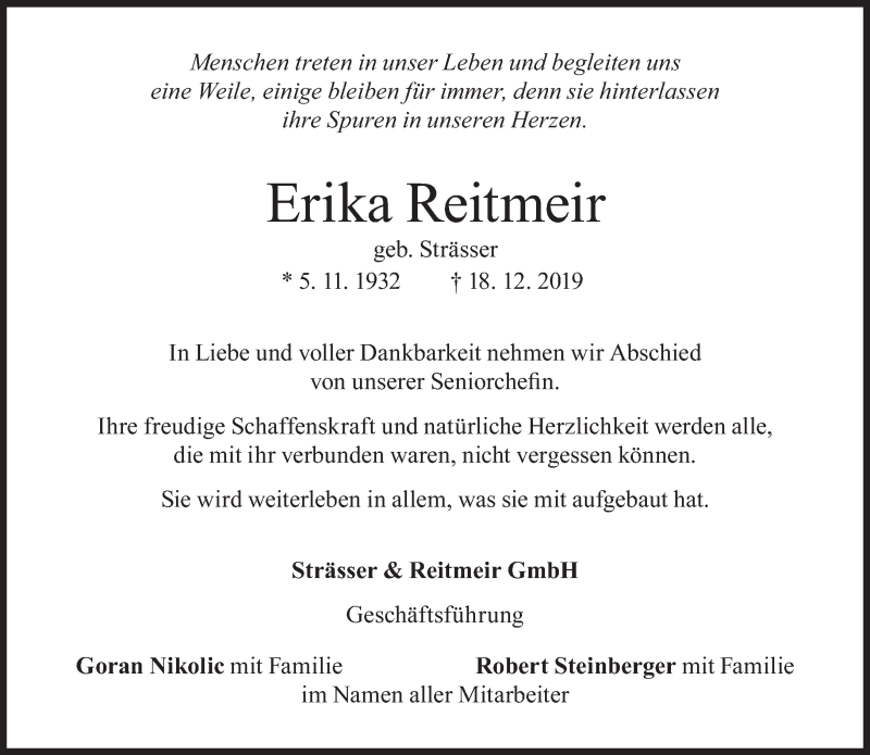  Traueranzeige für Erika Reitmeir vom 28.12.2019 aus Süddeutsche Zeitung