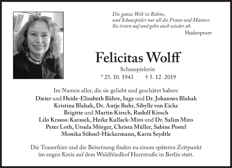  Traueranzeige für Felicitas Wolff vom 18.12.2019 aus Süddeutsche Zeitung