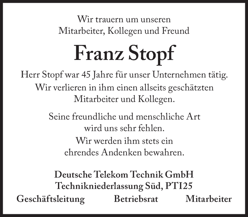  Traueranzeige für Franz Stopf vom 10.12.2019 aus Süddeutsche Zeitung