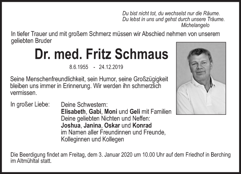  Traueranzeige für Fritz Schmaus vom 28.12.2019 aus Süddeutsche Zeitung
