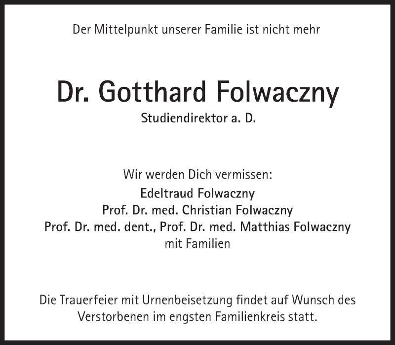  Traueranzeige für Gotthard Folwaczny vom 14.12.2019 aus Süddeutsche Zeitung