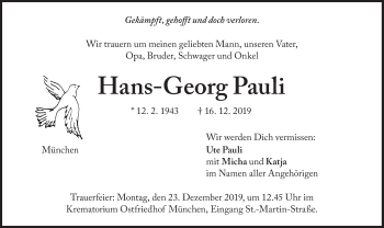 Traueranzeige von Hans-Georg Pauli von Süddeutsche Zeitung