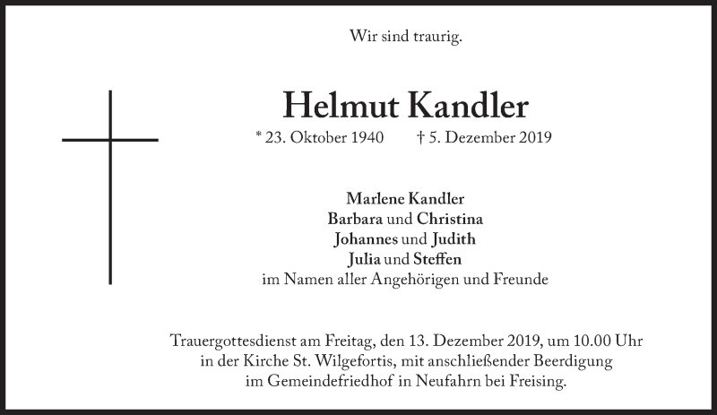 Traueranzeige für Helmut Kandler vom 11.12.2019 aus Süddeutsche Zeitung