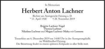 Traueranzeige von Herbert Anton Lachner von Süddeutsche Zeitung