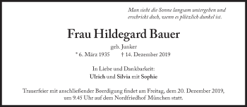 Traueranzeige von Hildegard Bauer von Süddeutsche Zeitung
